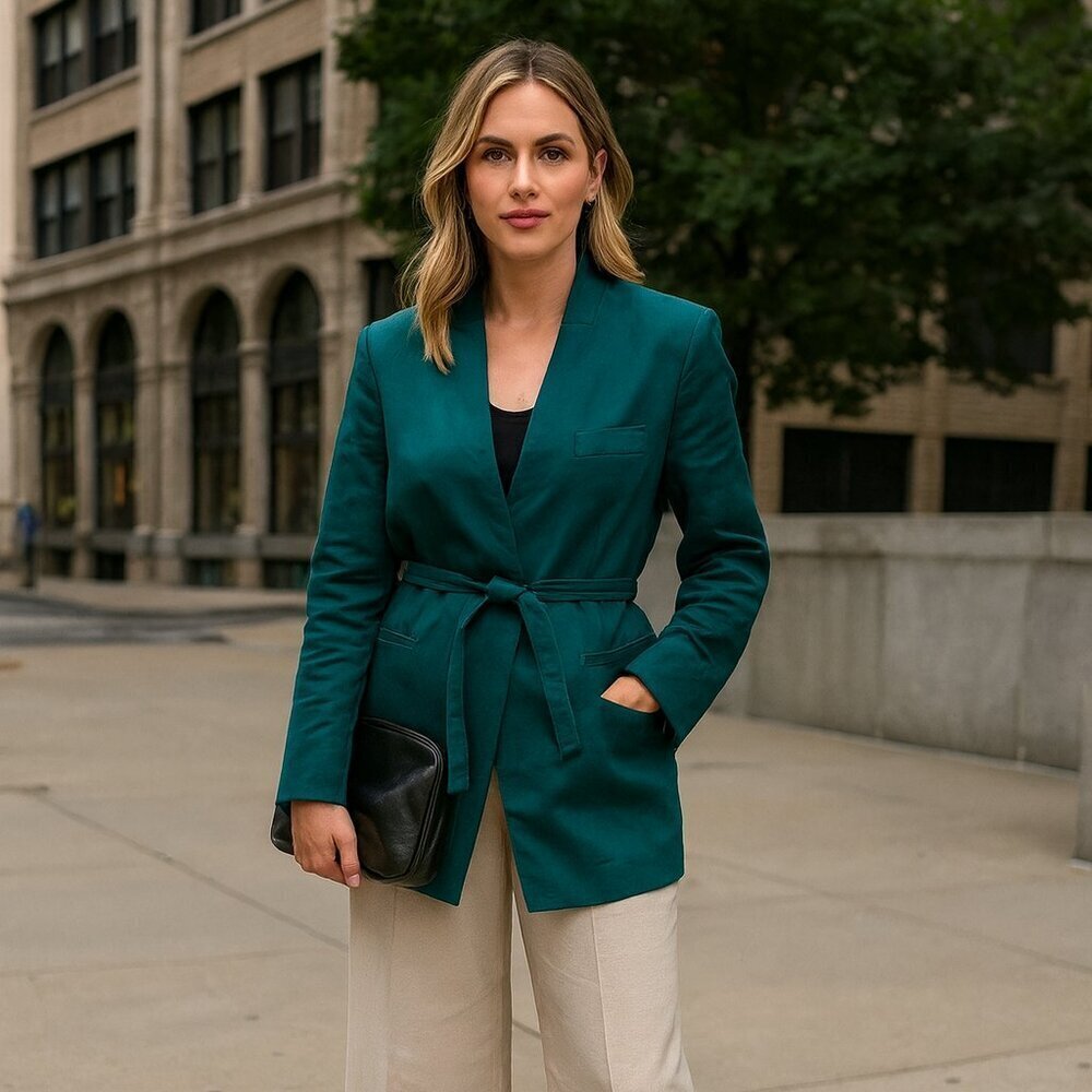 New Christian Wijnants Teal Belted Collarless Blazer Jacket‎